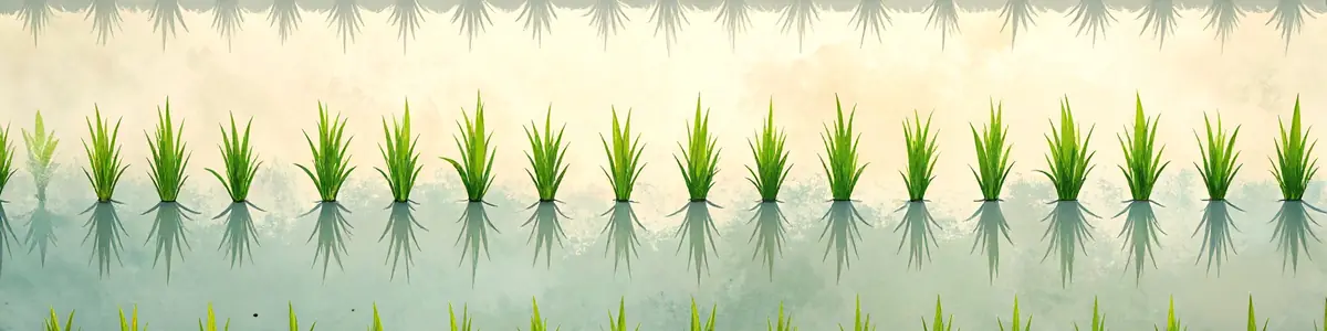 Rows of rice seedlings in a flooded paddy, seen from directly above