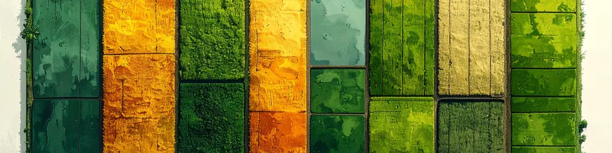 Paddy fields of different sizes sharing earth banks, seen from directly above